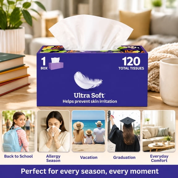120ct Ultra Soft 3-Ply Facial Tissue in Rectangle Container, Gentle and Absorbent Tissues for Big and Little Moments, Ideal for Back to School, Allergy Season, Holidays and Everyday Needs