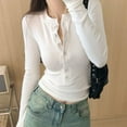 thumbnail image 5 of Byworldtasic Women's Ribbed Henley Shirt Long Sleeve Top Slim Fit Stretch Knit Button Crew Neck Blouse, 5 of 7