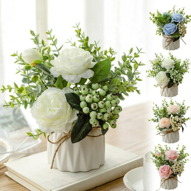 Ramo de Rosas Artificiales de Seda En Jarrón de Cerámica | 20 Cm, Blanco, Beige, Rosa y Azul, Arreglo Floral para Decoración de Mesa, Hogar, Oficina, Boda o Fiesta.