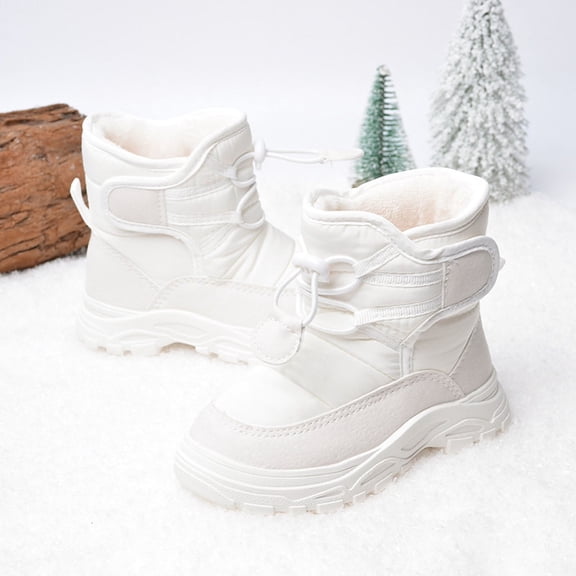 SUNVIT Kids' Warm Snow Boots for Winter - Toddler (1-2T) White Non-Slip, Mid-Calf, Fuzzy Lined, Easy On/Off Toggle Lacing, Durable Polyester, Ideal for Snow Play & School
