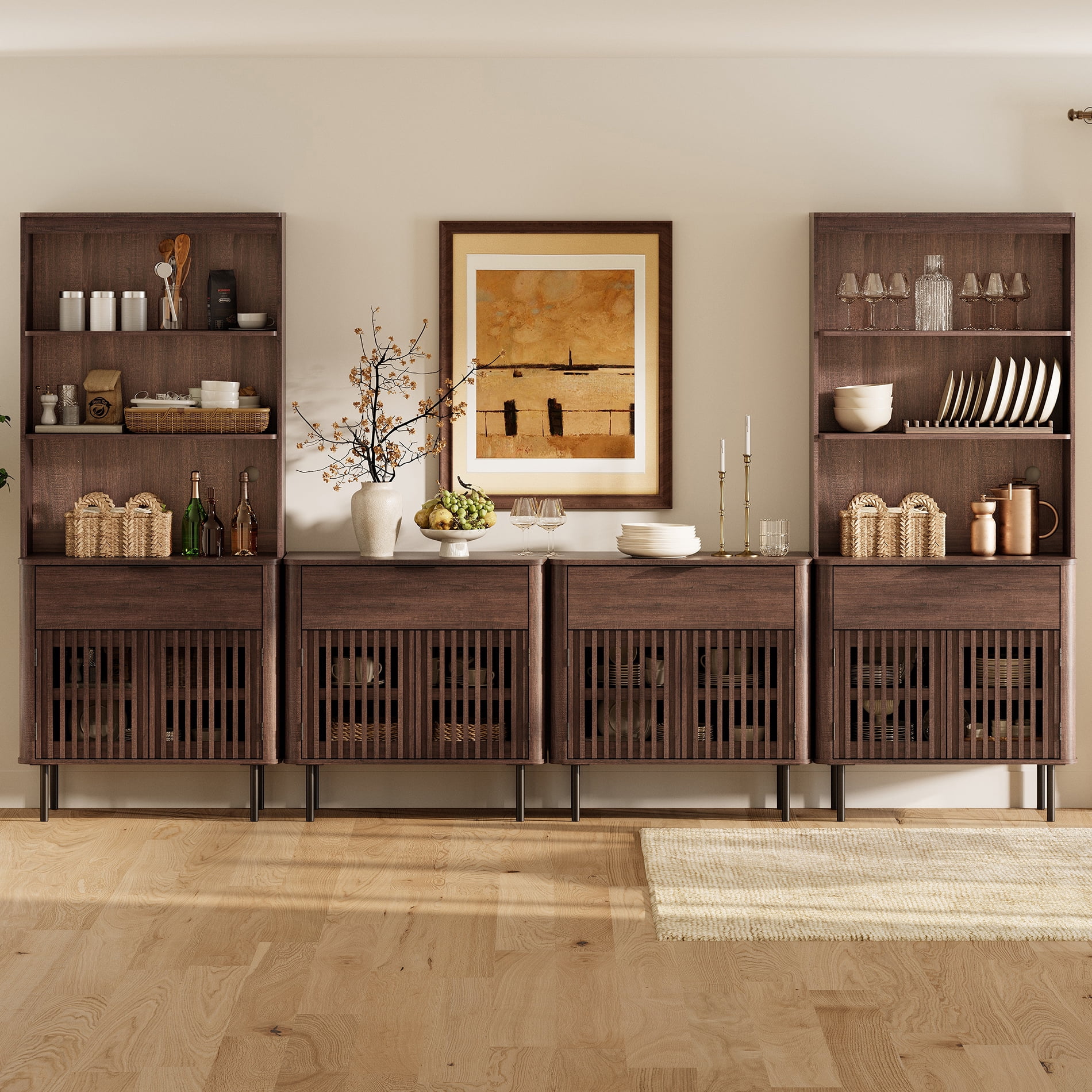 72.8" H X 126" W Kitchen Pantry With Bookcases, Push-to-open Door Kitchen Hutch With Drawer And Adjustable Shelf, Walnut
