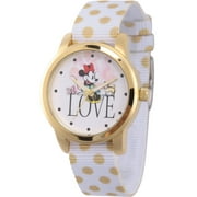 Minnie Mouse Women's Gold Alloy Watch, Reversible White with Gold Polka Dot Nylon Strap