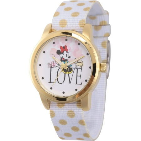 Minnie Mouse Women's Gold Alloy Watch, Reversible White with Gold Polka Dot Nylon Strap