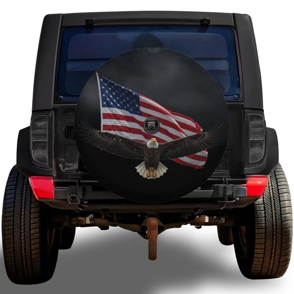 Lotusprinthandmade America Flag Eagle Spare Tire Cover With Backup Camera Hole 6 Sizes (27 in.)