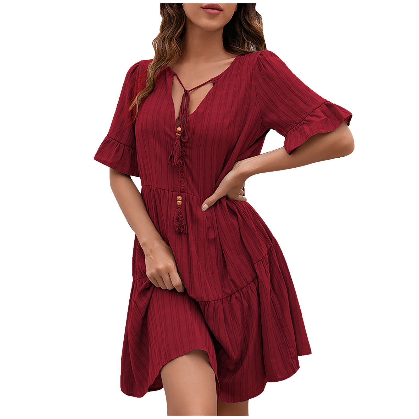 Womans Summer Fall Peplum Dress Flowy Casual Short Sleeve V Neck Long Dress  for Women Button Down Up C0 - Walmart.com