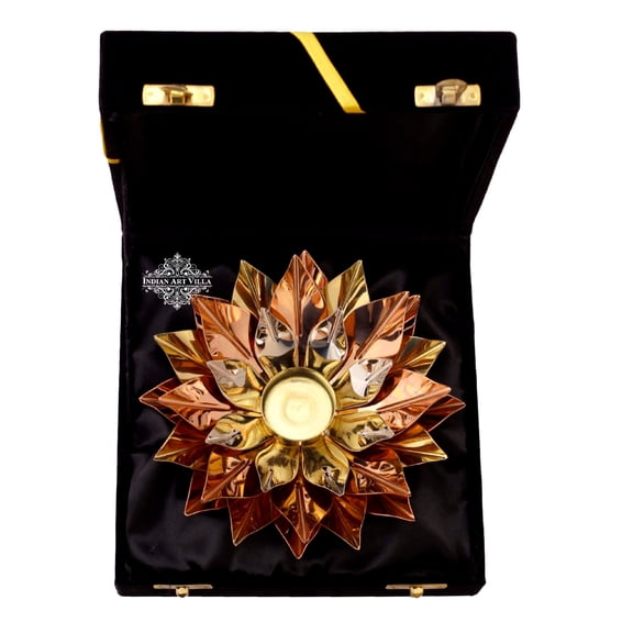 Indian Art Villa Exquisite Diya - Silver & Gold Copper Plated, Lotus Design, 7.6" Width, Black Gift Box