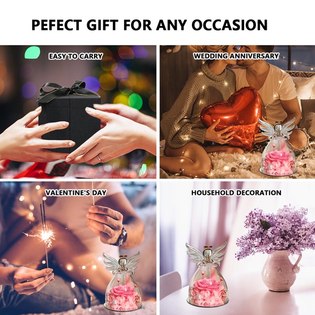 Muyoka Rosa preservada en cúpula de cristal Figura de ángel con rosa eterna Mujeres románticas Flores Regalo Regalos para aniversario Día de San Valentín Día de la madre Cumpleaños Compromiso Día de A Muyoka Hogar