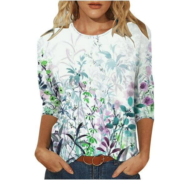 Enjoytime Womens Cute Floral Print Blouses Casual Crewneck Top 3/4 Sleeve Loose Tunic Plus Size Shirts for Women