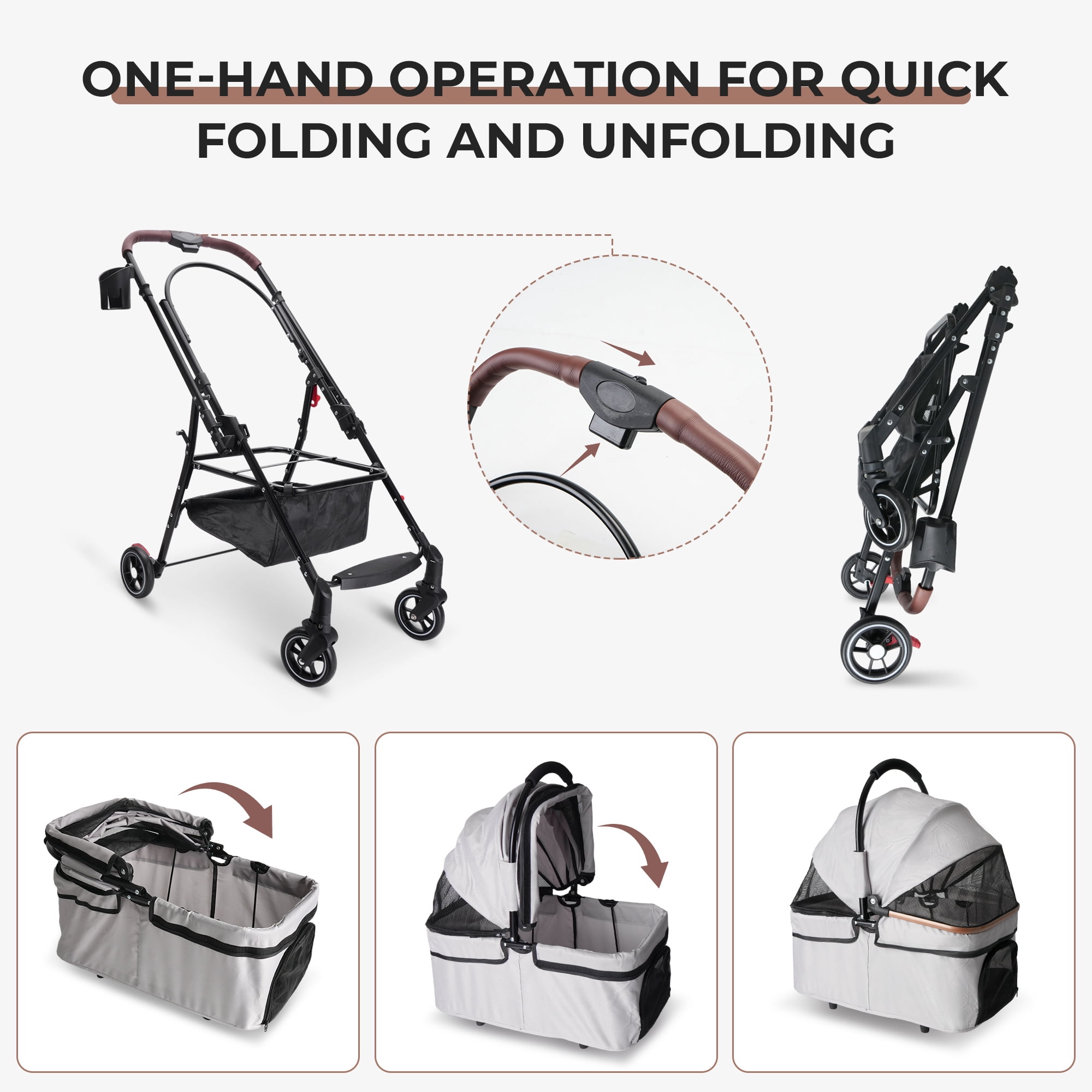 Foldable Pet Stroller with 360-Degree Rotating Wheels and Adjustable Canopy, Dog and Cat Travel Carrier with Storage Basket, Grey