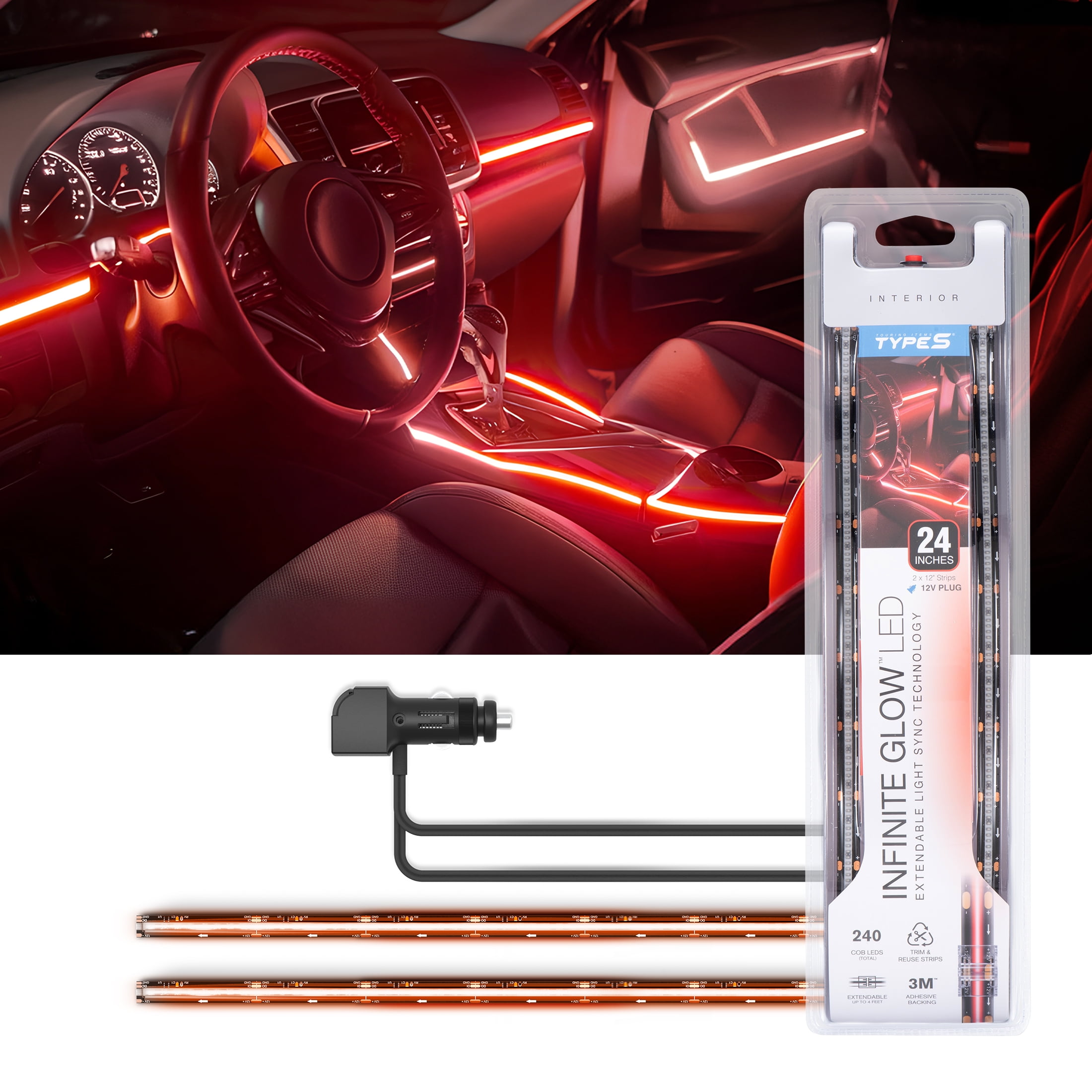 (2 pack) TYPE S - Infinite Glow Red LED Ambient Lighting - Car LED Strip Lights, Light Sync Technology, 3M Adhesive, Trimmable, 12V, 2 x 12" Red Strips, 24 inches
