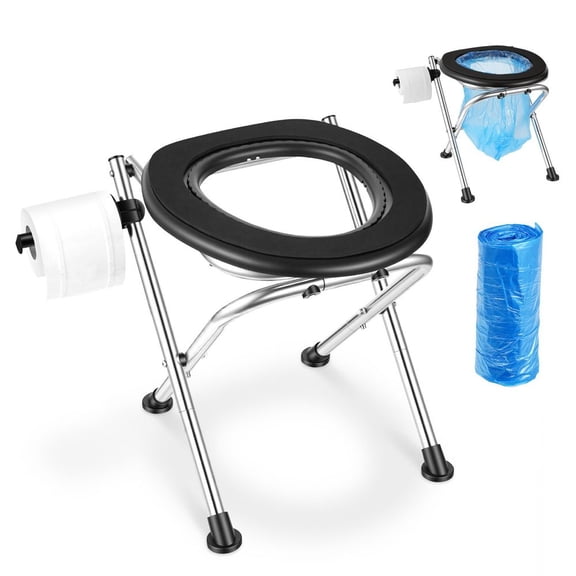 Portable Toilet for Camping, 350 lbs Weight Capacity, Stainless Steel Foldable Camp Travel Toilet with Soft Seat for Adults, Suitable for Truckers, RV Travel, Camping, Road Trips, Outdoor Use