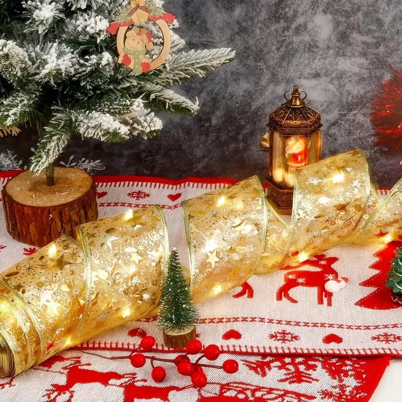 100 LED Battery-powered Christmas Tree, Christmas Tree With 32 Feet Of Ribbon, Golden Wire Ribbon, Christmas Tree Decorations, Christmas Ribbon Lights