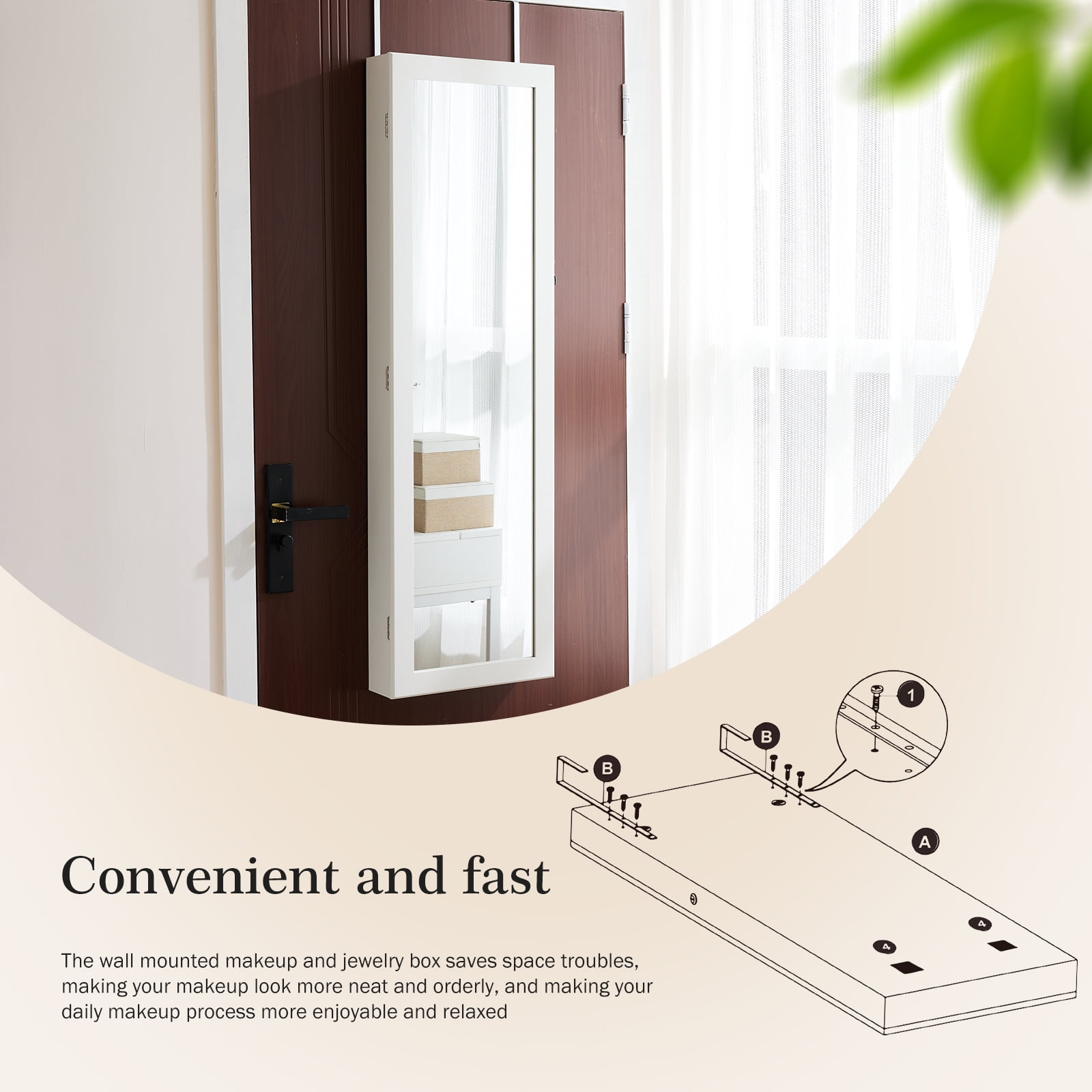 GIANNA Jewelry Cabinet With Lights, Lockable Jewelry Organizer Rotatable Full Length Mirror, Wall Mounted/Door Hanging, 47.2-Inch Tall, White