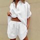 thumbnail image 5 of Jumpingount Pantalones cortos de camisa para mujer, 2 uds., con solapa, parte de un solo pecho, pierna ancha conjuntos de ropa Blanco L Jumpingount AP003185-03, 5 of 6