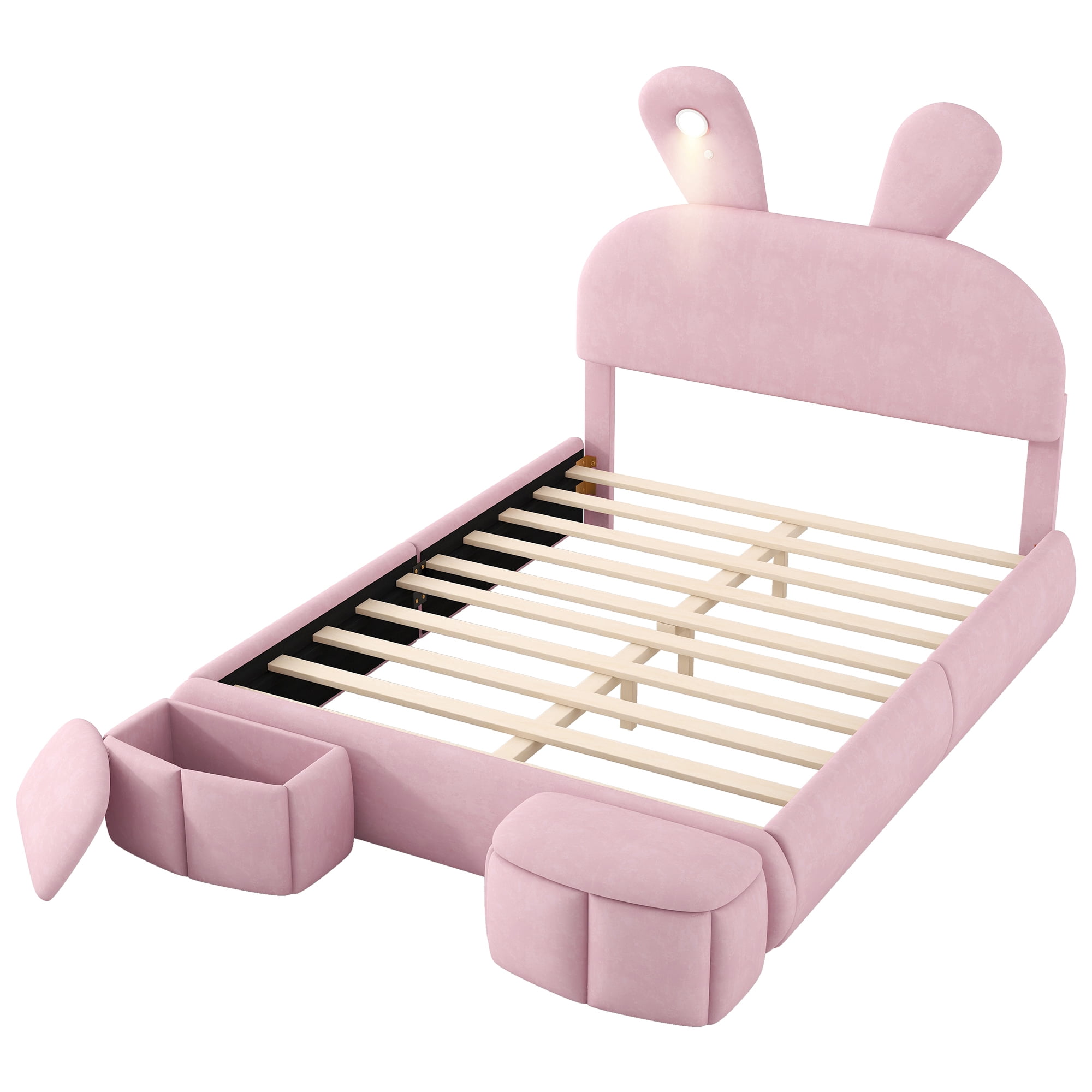 Euroco Upholstered Full Size Platfrom Bed, Bunny Shaped Bed with LED Light and Storage Cabinets