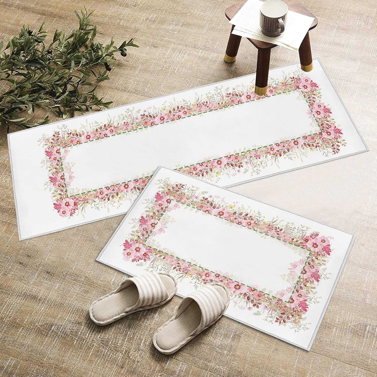 Kitchen Rugs and Mats Set of 2, Spring Pink Blossoms Flower Plant Non-Slip Floor Doormat Comfort Area Runner Rug and Mat, Pastoral Floral Indoor Entrance Carpet Home Decor