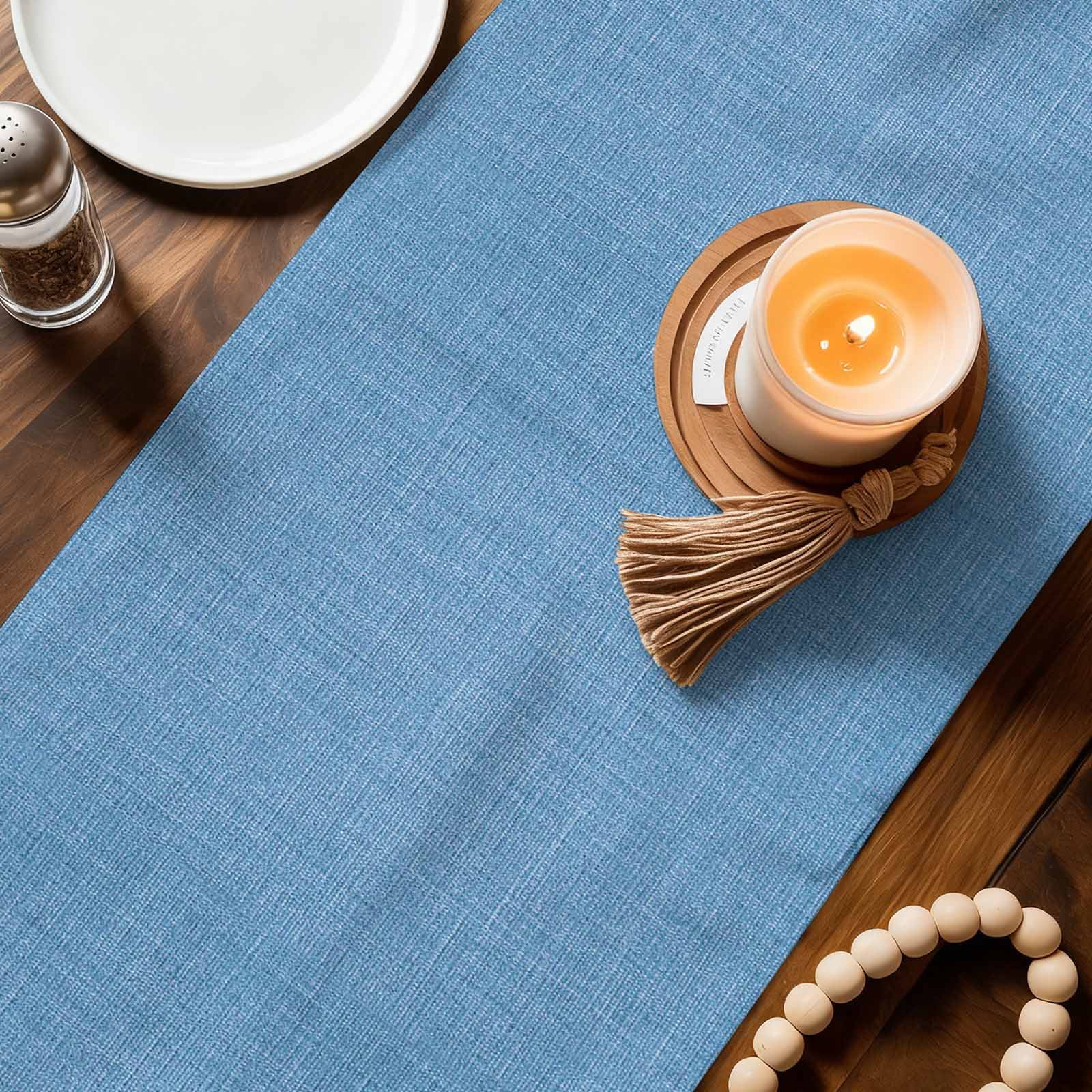 Blue Burlap Texture Table Runner, Farmhouse Vintage Blue Washable Cotton Linen Table Runners 48 Inches Long, Dresser Scarf Runner for Nightstand/Coffee/End Tables 13''x48''