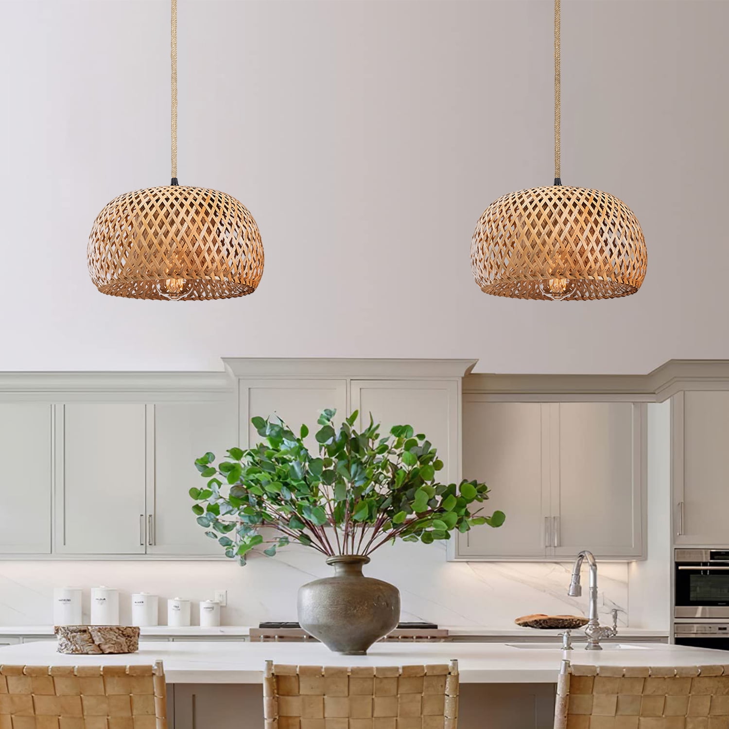 IC Farmhouse Plug in Pendant Light Fixture, E26 Bamboo Lampshade Rattan Round Cage Hanging Ceiling Lamp with Hemp Rope Cord for Home Decor Living Room Bedroom Kitchen Bar