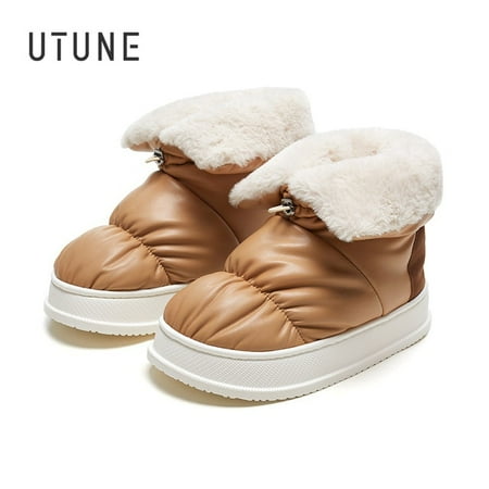 

UTUNE High Snow Boots Women Men Warm Outside Shoes Thick Plush Platform Slippers Waterproof PU Outdoor Street Fashion Flats Boot