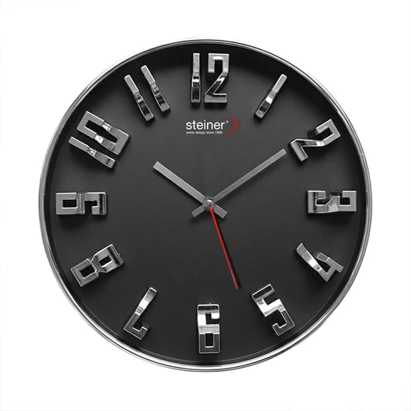 Reloj De Pared Steiner Análogo con Numeros En Relieve 30cm Silver & Black