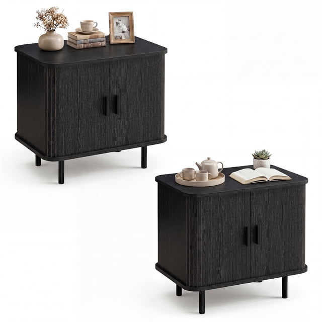 Gymax 2PCS End Table Mid Century Nightstand w/Sliding Tambour Doors & Storage Shelf Black