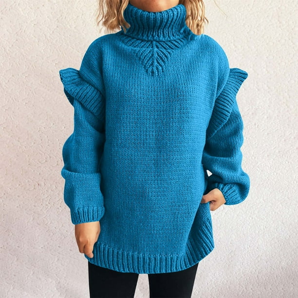 Suéter de cuello alto para mujer, cuello alto, manga larga, encaje, color sólido, suéter de punto, cárdigan, parte superior de poliéster para mujer