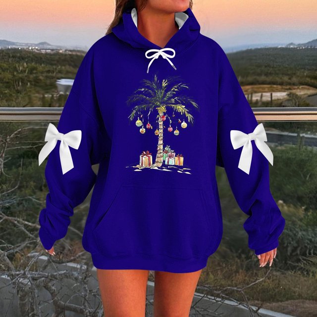 HongQid Women's Hoodies Oversized Long Sleeve Hooded Sweatshirts Christmas Graphic Drop Shoulder Bow Trim Print Pullover Tops