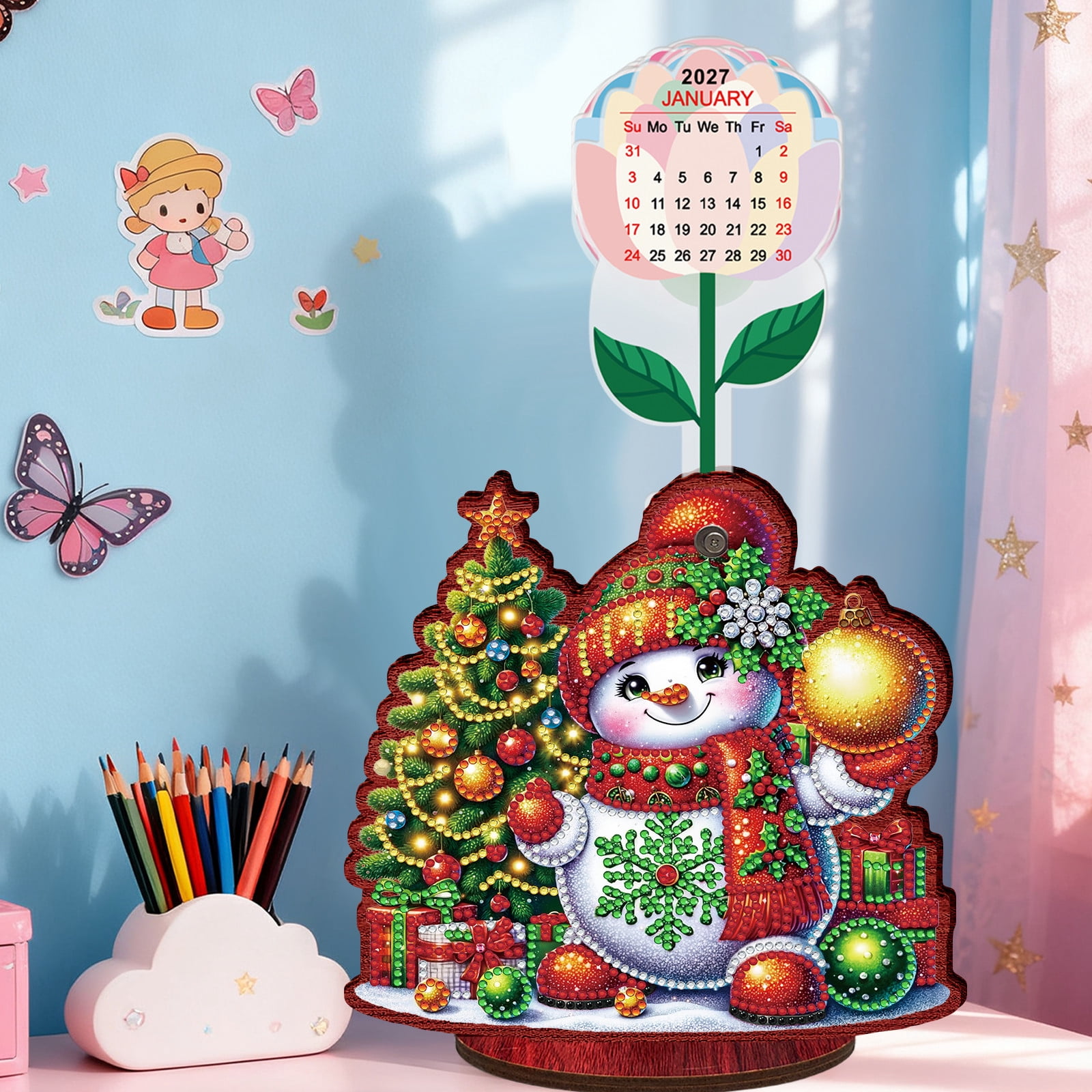 FLOPESN 2026-2027 Wooden Desktop Calendar DIY Diamond Art Painting Kits,Creative Design PVC Insert Home Decor Ornament-2PCS-Christmas