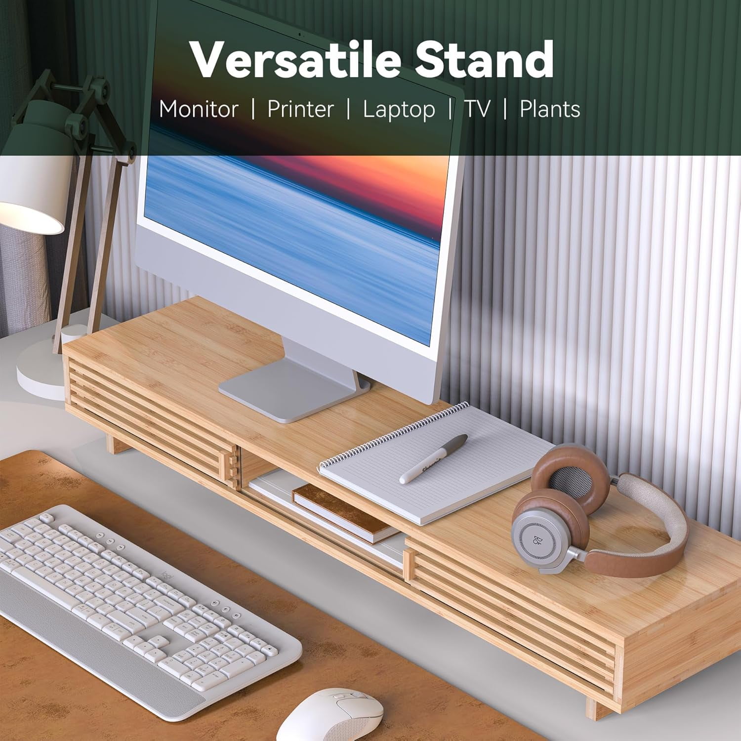 Dual Monitor Stand Riser with Sliding Door, Double Computer Laptop Desk Shelf Organizer Storage Natural  38 Inch