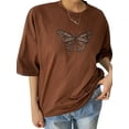 thumbnail image 2 of KOMOO Women Short Sleeve T-shirt, Rhinestone Butterfly Printed Tops, Round Neck Loose Tops Tee, 2 of 9
