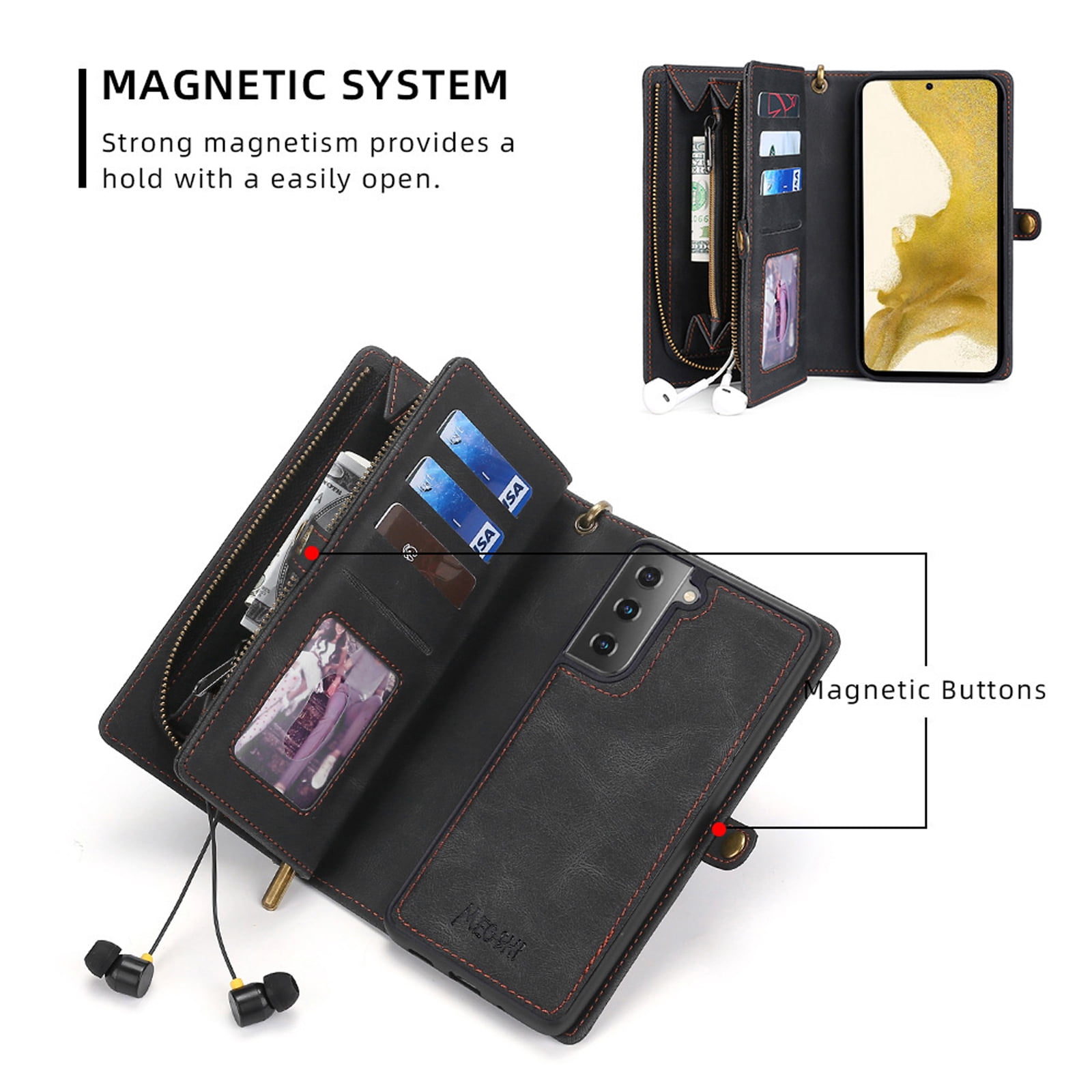for Samsung Galaxy S24 Case for Women Men, Removable Durable PU Leather Magnetic Flip Strap Wristlet Zipper Purse Card Holder Detachable Wallet Phone Cases for Samsung Galaxy S24, Black