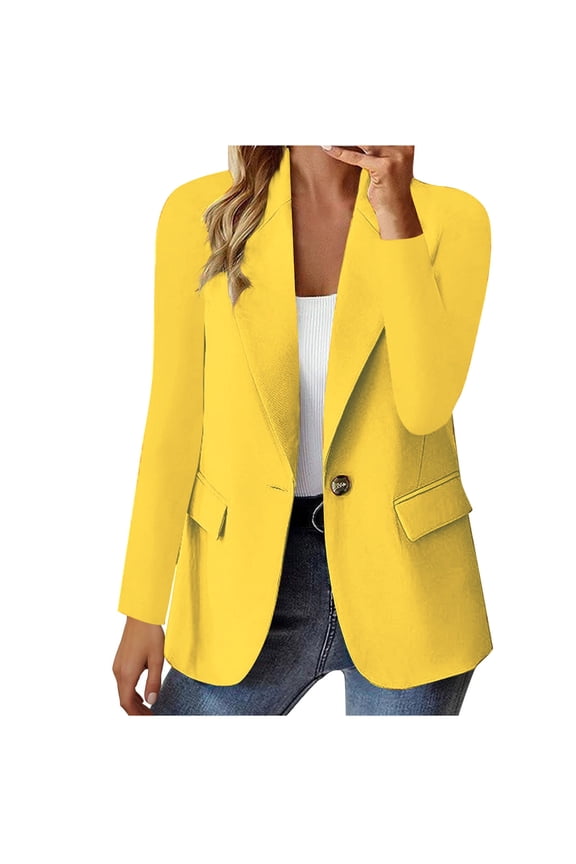 Blazers for Women, Women's Fashion Solid Button Suit Coat Long Sleeve Casual Blazer Jacket Yellow XXL