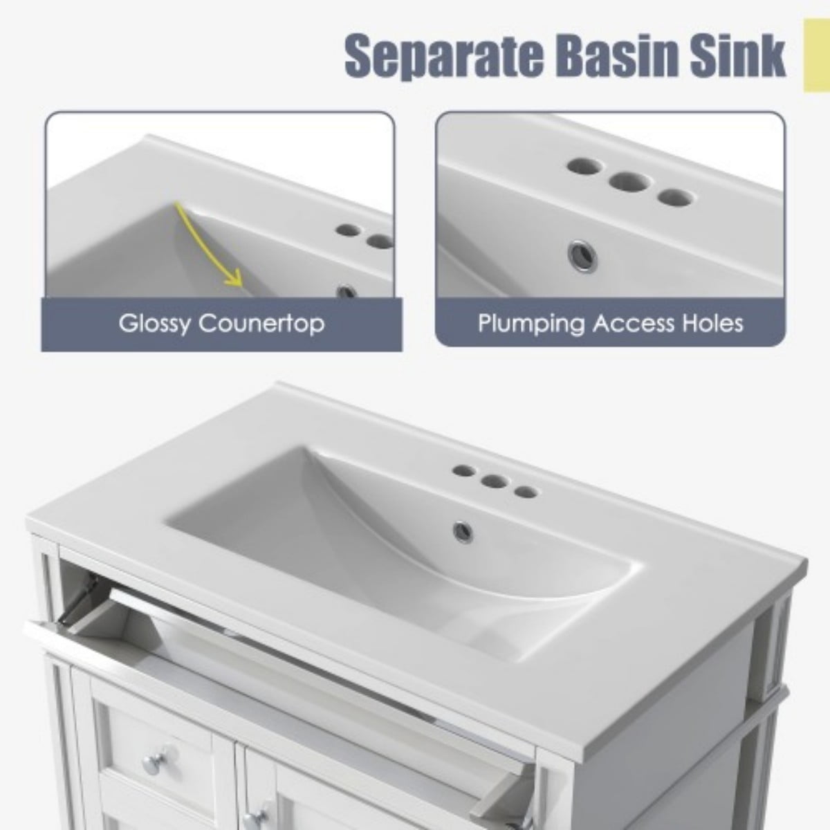 30" Bathroom Vanity with Sink, Modern Freestanding Bathroom Vanity Cabinet with Ceramic Sink, 3 Drawers & Tip-Out Drawer, Adjustable Shelf, White Storage Cabinet, White