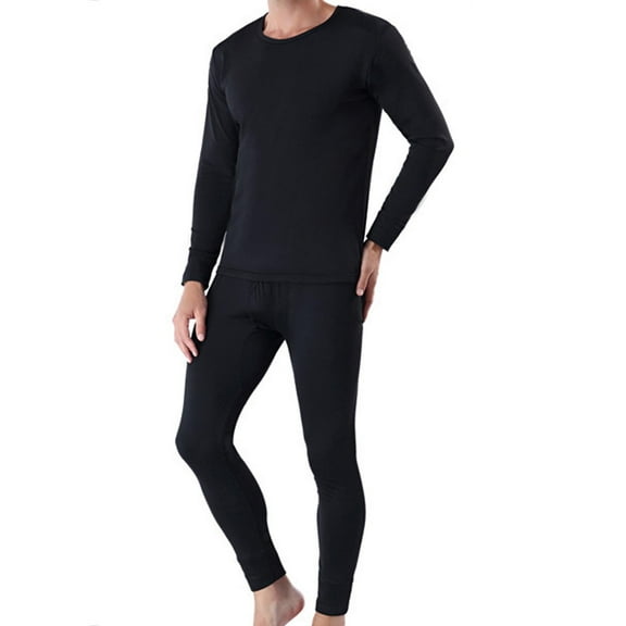 dzxyzu Long Johns Thermal Underwear for Men Fleece Lined Base Layers Set for Cold Weather Casual Solid Fleece Lined Plus Velvet Top Pants Bottoming Suit -Black