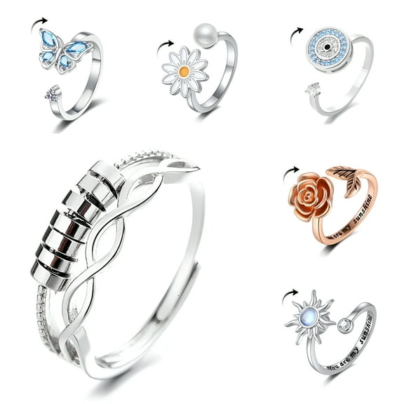DESIGNICE 6-Pack Adjustable Spinner Rings for Women - Rotatable Floral Design (Rose,Daisy,Butterfly) Anxiety Relief Jewelry,Stress Reduction Fidget Rings with Adjustable Opening,Birthday Gift for Her