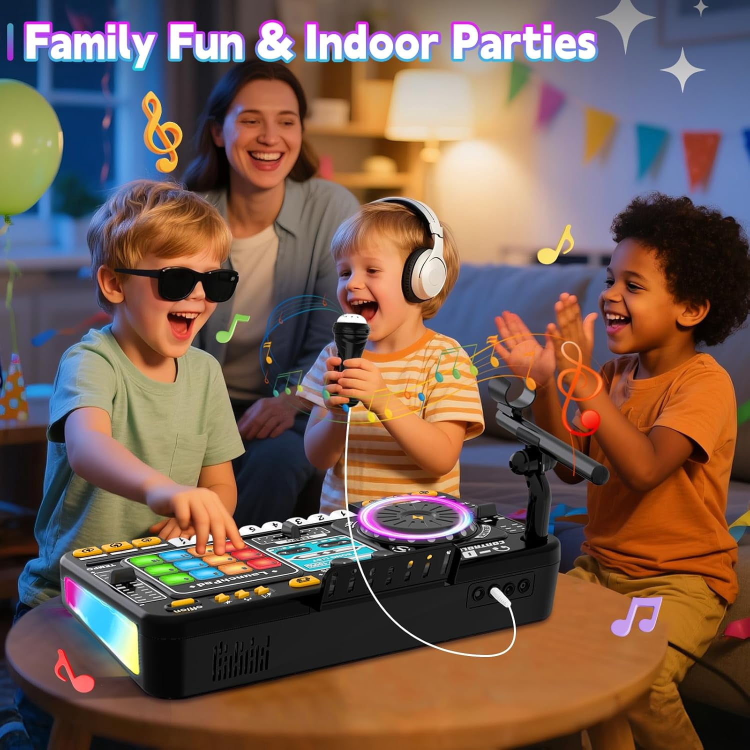 DJ Mixer for Kids with Microphone&Bluetooth, 8-Key Keyboard Piano Light up DJ Turntable with 12 MIDI, Piano Musical Instruments Toys for Boys Girls Birthday Gift for Kids Age 4 5 6 7+