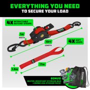 Rhino USA 1 x 10' Retractable Ratchet Straps 1,209lb Break Strength (Red 4-Pack)