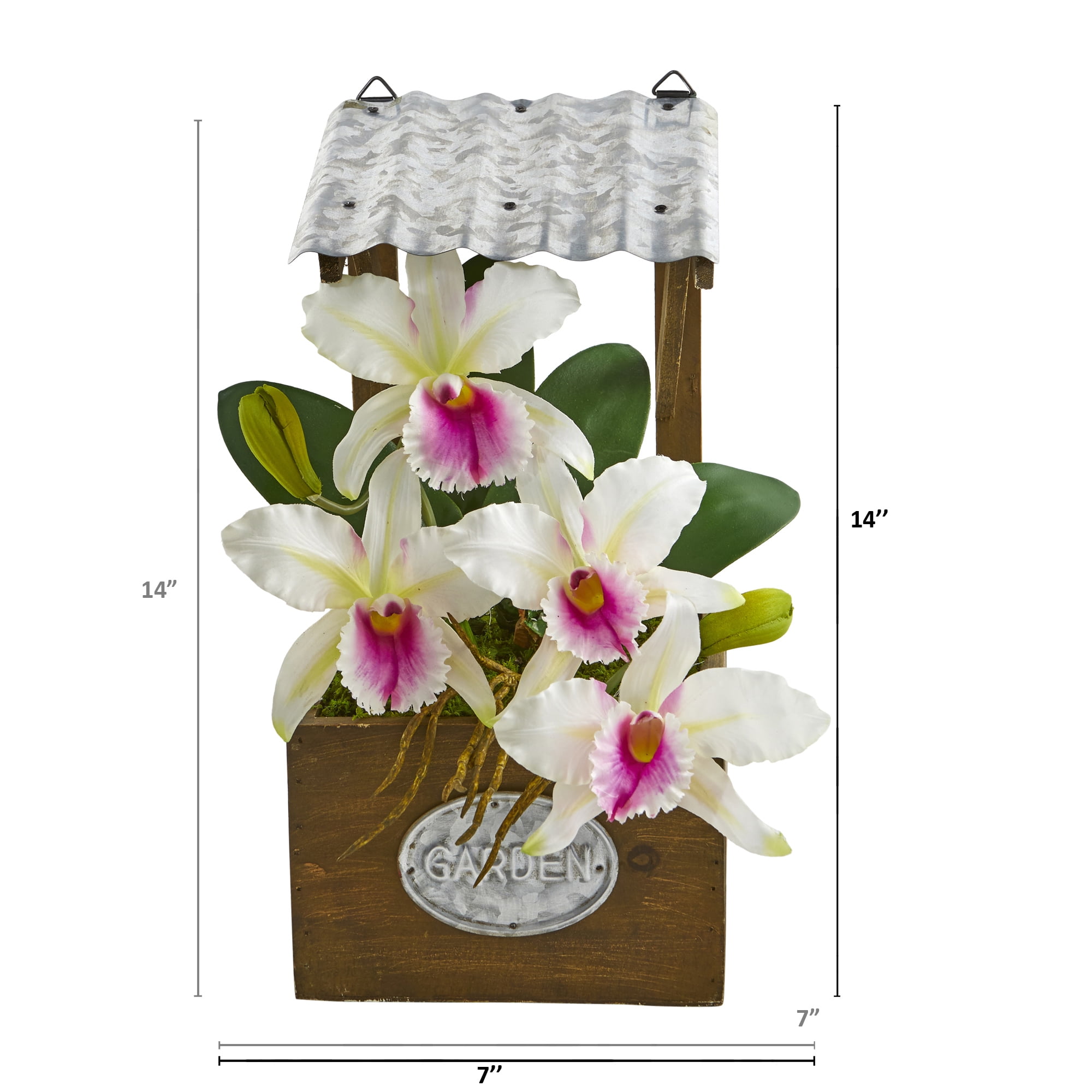 Nearly Natural 14in Cattleya Orchid Artificial Arrangement In Tin Roof Planter Walmart Com Walmart Com