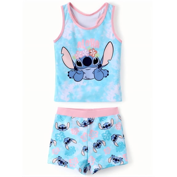 Disney Stitch Girls Swimsuit Sleeveless Tankini Top and Short Bottom Two-Piece Bathing Suit Beach Bikini for Kids Size 3-13