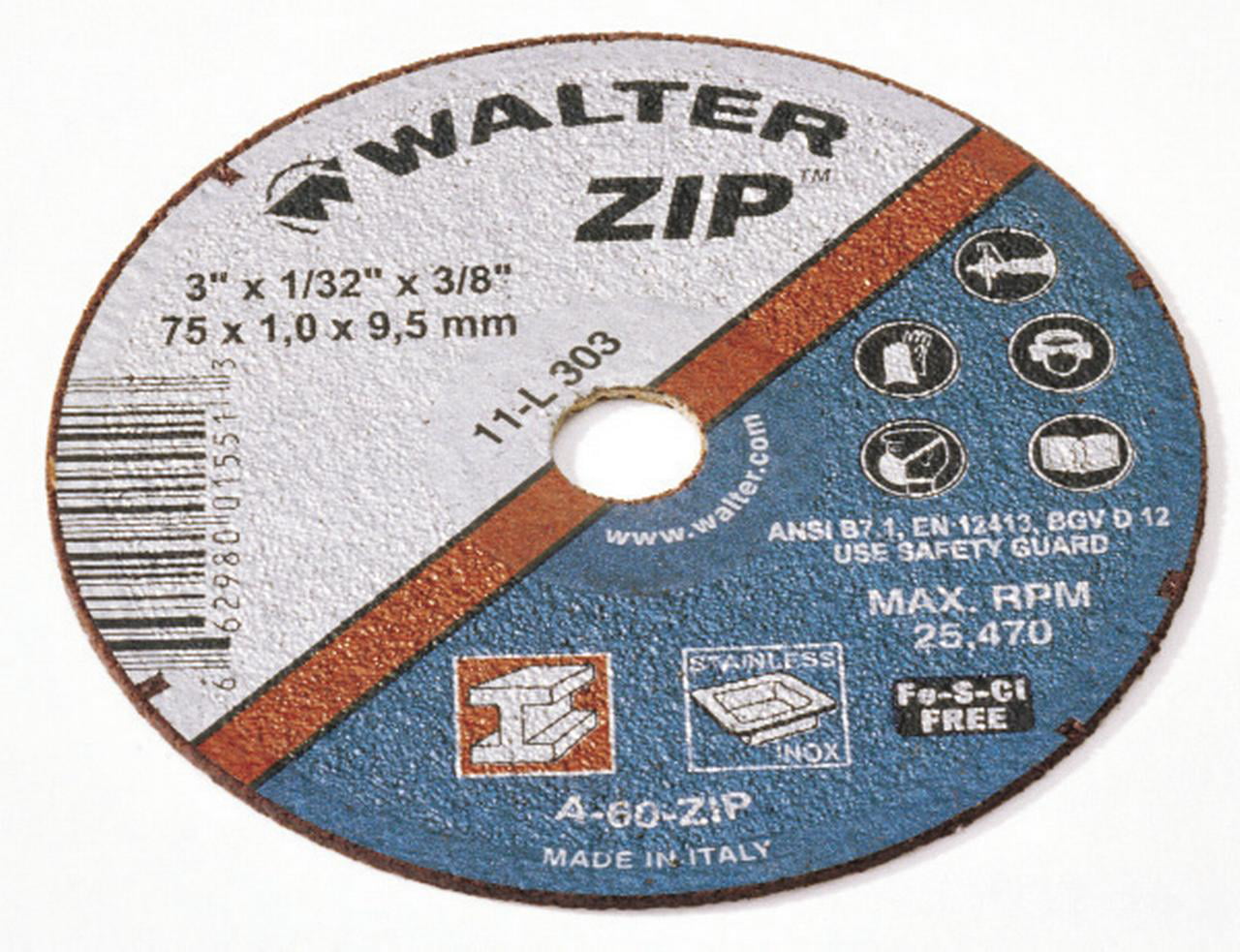 Walter 11L303 3x1/32x3/8 ZIP Steel and Stainless Cut-Off Wheels Grit A60 25 pack