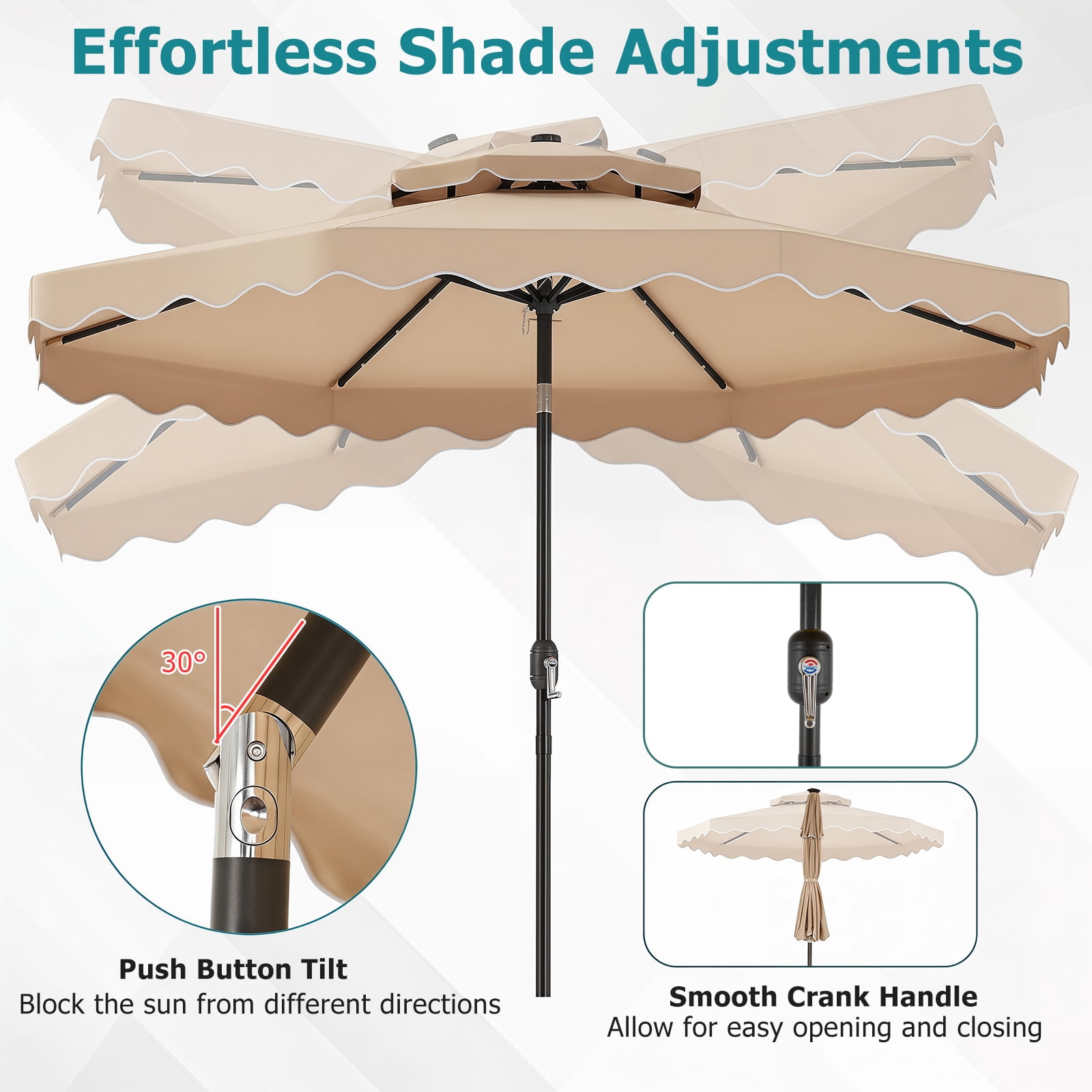 Costway 10 FT Solar LED Patio Umbrella, Push-Button Tilt & Crank, 24 LED Lights & 8 Ribs Beige