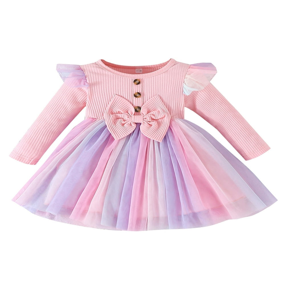Robe Princesse de Printemps pour Filles Manches Longues Volants Patchwork avec Nœud Décor