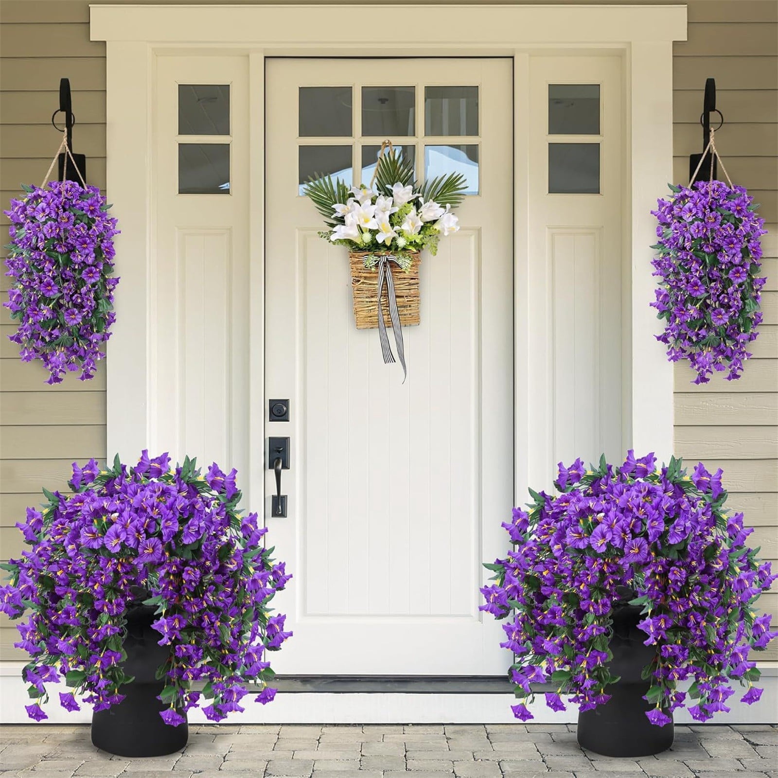 1PCS 23 Inch Artificial Hanging Morning Glory Flowers for Porch Patio Balcony Spring Summer Outdoor Decor, Faux Trailing Vines Fake Hanging Floral Plants,UV Resistant Realistic Fade Proof,D-style