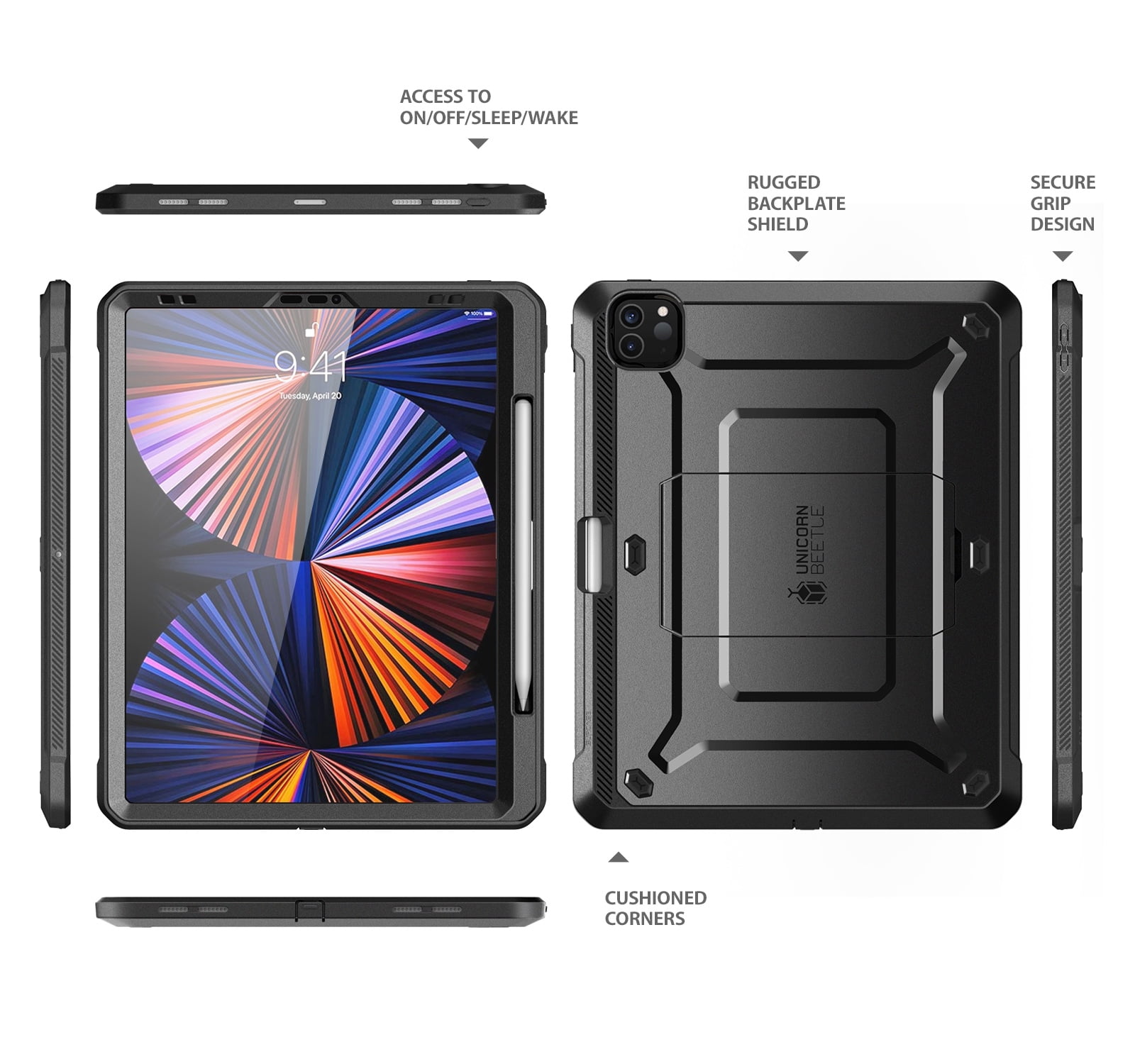 SUPCASE Unicorn Beetle Pro Series Case for iPad Pro 12.9 Inch (2021 / 2020), Support Apple Pencil Charging with Built-in Screen Protector Full-Body Rugged Kickstand Protective Case (Black)
