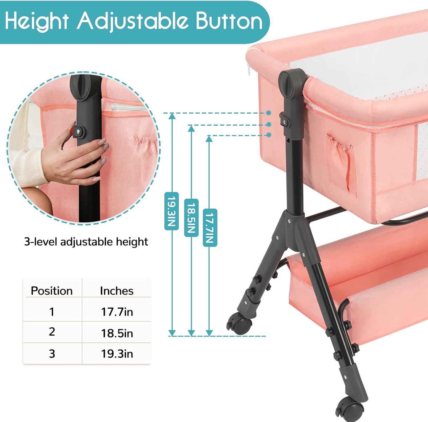 Infant Bassinet Sleeper, Adjustable Bedside Sleeper, Lightweight and Convenient, Comfortable Mattress with Wheels and Storage Basket - Pink