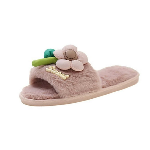 Lolmot Open Toe Slippers for Women Indoor, Cozy Cute Flower Warm House Slippers Anti-Slip Comfy Soft Flannel Bedroom Slippers Memory Foam Cozy Flat Spa Slide Slippers