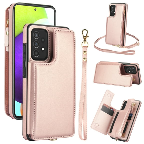 Crossbody Wallet Phone Case For Samsung Galaxy A53 5G with Card Holder,Kickstand,Zipper Card Slot Protector Shockproof PU Leather Purse Cover with Removable Cross Body Strap&Wrist Strap,Rosegold
