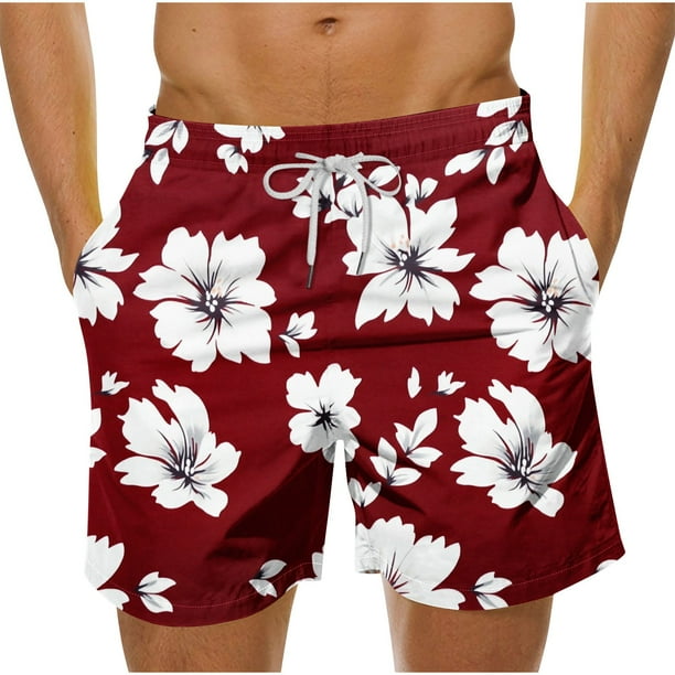 Pantalones Cortos de Cintura Elástica de los Hombres Hawaiian Floral Print Casual, Pantalones de Baño Ligeros de Cuatro Lados