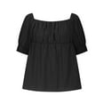 thumbnail image 6 of QATAINLAV Women's Cotton Linen 2 Piece Outfits Cute Puff Sleeve Square Neck Pleated Tops and Elastic Waist Bermuda Shorts Summer Lounge Sets Black M, 6 of 8