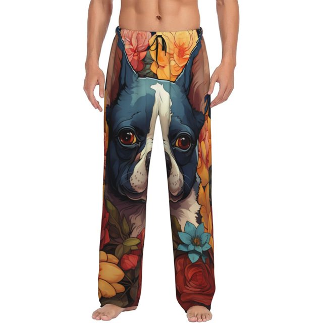 Fotbe Cute Colorful Flower French Bulldog Pantalones de Pijama para Hombre, Pantalones de Dormir, Pantalones de Casa con Cintura Ajustable y Bolsillos-Medium